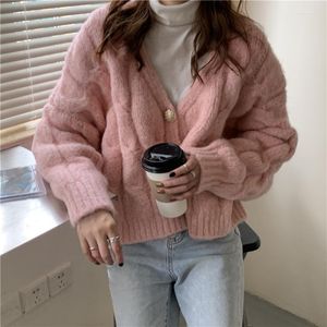 Kvinnors stickor Japan Söt rosa solida korta lösa tröjor Autumn Vintage Lazy Style Korean långärmad V Neck Sticked Cardigan Women Tops