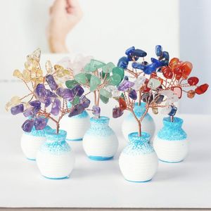 Decorative Figurines Super Mini Crystal Money Tree Copper Wire Wrapped Agate Slice Base Chakra Gemstone Feng Shui For Home Decor Light Blue