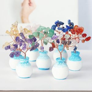 Dekorative Figuren Super Mini Crystal Money Tree Kupferdraht eingewickeltes Achate Scheibe Basis Chakra Edelstein Feng Shui für Wohnkultur Hellblau