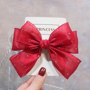 Hair Accessories 20 Pcs/Lot 4.7" Rhinestone Chiffon Bow Clips Princess Handmade Fabric Hairpins Kids Girls Elegant