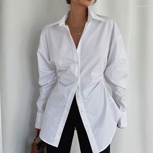 Women's Blouses 2023 Autumn Winter Women Turn Down Collar Long Sleeve Shirts In Elegant Lady Slim Waist Cotton Blouse Shirring White Tops