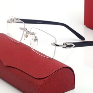 Designer solglasögon Rimless Cut Eyeglass Mens Buffalo Horn Wood Frame Black Lens Fashion Ins Net Red Samma män och kvinnor vintage grossist med box carti -glasögon
