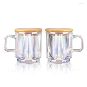 Wine Glasses 2Pc Glass Coffee Cup With Lid Mugs Ribbed Handle For Latte Cappuccino Tea Milk
