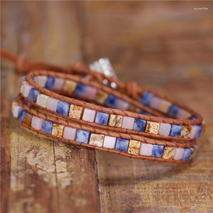 Charm Bracelets Boho Leather Mixed Square Natural Stones 2 Strands Wrap Vintage Weaving Bracelet Drop