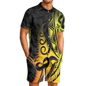 Herren Trainingsanzüge polynesischer Stammes Tongan Totem Tattoo Tonga Drucke bequeme Männer schwitzen Anzug gelbes Revers Shirt Strand Shorts Casual 2Piece Set 230822
