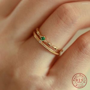 Klusterringar 925 Sterling Silver Double Green Zircon Vintage Crown Ring for Women Girl Trend Chain Jewelry Gift Party