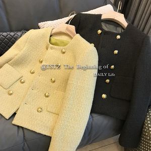 Autumn New Women's Tweed Jacket Woolen Double Breasted Short Coat Solid Color Plus Size Casacos SMLXL333E