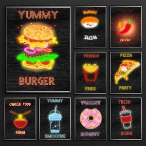 Neon Efekt Burger Poster Donut Sushi Fast Food Tuval Resimleri Restoran Mutfak Bar Kulübü Ev Dekoru Hediyesi için Duvar Sanatı Resim Yok Çerçeve Wo6