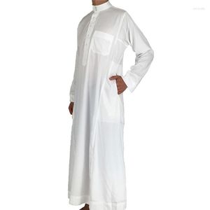 Etnik Giyim Beyaz Polyester Müslüman Jubba Thobba Moda Uzun Kollu Stand Yakası İslami Arap Kaftan Erkekler Abaya İslam