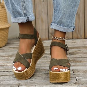 Sandaler Fashion 46 Wedge för sommaren avslappnad icke-halkpeket tå plattformskor gummisula spänne eleganta klackar kvinnor 230822 b platm