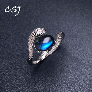 Wedding Rings CSJ Vintage Snake Natural Labradorite Sterling 925 Silver Gemstone 6 8mm for Women Birthday Party Jewelry Gift 230822