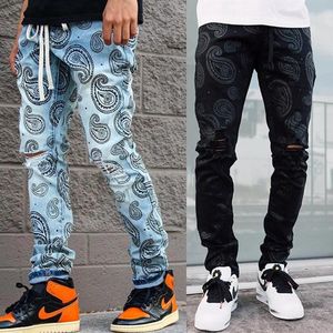 Męskie dżinsy 2021 Ripped Style Streetwear Fashion Jacquard Printing Denim Spodni swobodny ołówek luźne spodnie Hip Hop287D