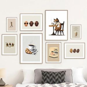 Coffee Machine Poster Prints Wall Art Beans Croissant Abstract Funny Coffee Cat Canvas Painting Picture Cafe Living Room Bedroom Home Decor No Frame Wo6