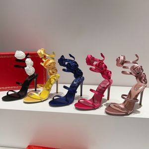 Rene Caovilla Sandals Tasarımcılar Ayakkabı Gül Serpantin 9.5cm Yüksek Healestone Dekorasyon Stiletto Topuk Terlik 35-43 Kadın Roma Tasarımcı Sandal