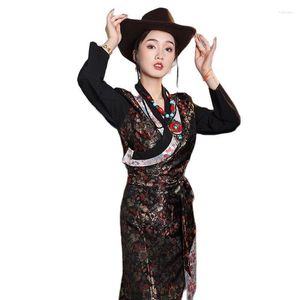Ethnic Clothing Women Traditional Tibetan Cheongsam Gown Classical Floral Asian Costume Silk Blenddress