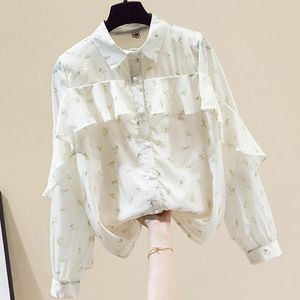 Kvinnors blusar 2023 Super Fairy Floral Chiffon Blue för hösten Sweet Korean Shirt Doll Collar Long Sleeve Top