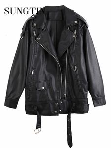 Womens Leather Faux Sungtin Black PU Jackets Women with Belt Oversized Korean Loose Motorcycle Fashion Causal Outerwear 230822