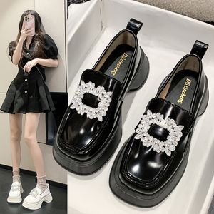 Dress Shoes Spring Autumn Loafers Pu Leather Shoes Women's Thick Soles Square Toe Single Shoes College Retro Rhinestones Pumps Moccasins 230822