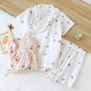 Menas de sono femininas Japonês de quimono de pijamas de verão feminino algodão curto -shorts de shorts rosa impressão de rosa