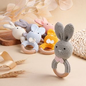 Teethers Toys TYRYHU Baby Small Rabbit Wood Rattle Wooden Teether Mobile Pram Crib Ring DIY Crochet Soother Bracelet BPA Free 230822