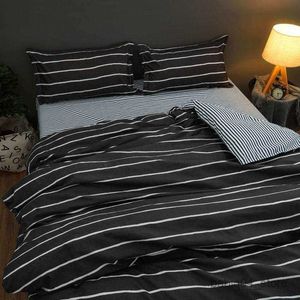 침구 세트 스트라이프 이불 커버 케이스 패션 블랙 흰색 그리드 줄무늬 침구 세트 침대 린넨 퀼트 커버 베드 스프레드 R230901