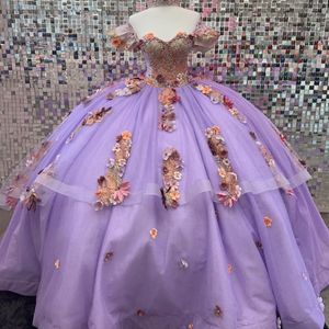 Lavendel glittrande quinceanera klänning från axel kristall blommig applikation 3dflower formell födelsedag vestidos de 15 anos