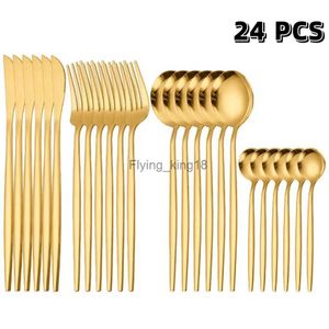 24pcs Gold Dinnerware Set Stainless Steel Steak Knife Fork Coffee Spoon Teaspoon Flatware Dishwasher Safe Kitchen Tablewar HKD230812