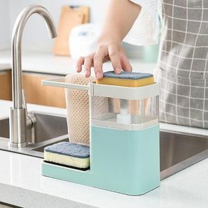 Liquid Soap Dispenser 3 In1 With Sponge Holder Hanging Rack Multifunctional Kitchen Press Boxes Dishwasher Blue