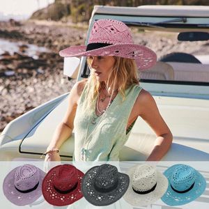 Berets 2023 Western virkning cowboy stråhattar för kvinnor män solid färg bred brim strand sol hatt handgjorda ihåliga ut cowgirl mössa