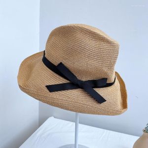 Ball Caps Pleated Hat Manila Straw Women's Japanese Sun Protection Versatile Basin Bow Knot Pressed