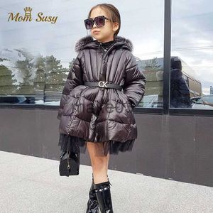 Down Coat Baby Girl Jacket Winter Long Cotton Padded Toddle Teens Shiny Hooded Down Jacket Gauze Child Coat Thick Baby Clothes 314Y J230823
