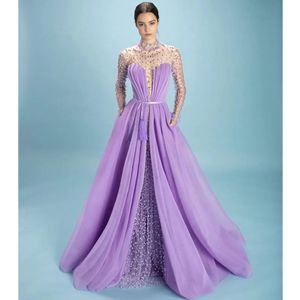 Eleganckie fioletowe kobiety wieczorne sukienka formalna 2023 Sheer Scyk Pearls Peads Rleeves Pageant Prom Suknie szatą de soiree Vestidos Feast 328 328