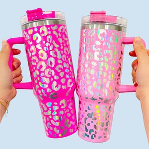 Wholesale Bulk 40oz Laser Engraving Holographic Leopard Print Stainless Steel Vinyl Wrap Decal Tumbler Mugs Iridescent Water Bottle with Handle and Straw