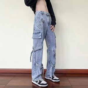 Frauen Jeans High Street Black Verband Reißverschluss Männer gerade Hosen schlanke Hosen Overalls Multi -Taschen -Weitbein