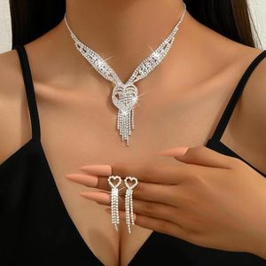 Necklace Earrings Set Luxury Shine Three Layers Heart Tassel For Womne Long Ladies Weddings Banquet Accessory