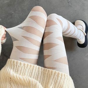 Kvinnliga strumpor ränder transparenta strumpor sexiga strumpbyxor svart harajuku tights kvinna frestelse knä lår högt