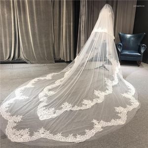 Véus de noiva POS REAL POS Alta qualidade Lace Beautiful Casamento Véu de 5 metros Acessórios brancos de noiva de marfim