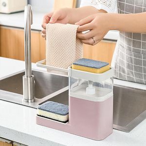 Liquid Soap Dispenser 3 In1 With Sponge Holder Hanging Rack Cleaning Container Multifunctional Press Boxes Rag Blue