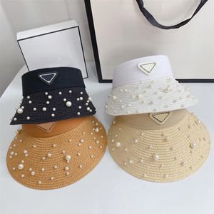 Pearl Beach Straw Hats Kadın Yaz Vintage Açık Güneş Koruma Kapağı Düz ​​Renk Nefes alabilen kaps Bandaj geniş Şapkalar253c