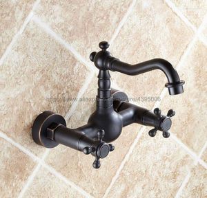 Bathroom Sink Faucets Wall Mount Dual Handles Black Color Brass Basin Faucet Vessel Mixer Taps Bnf263