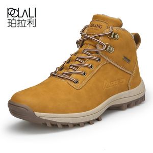 Säkerhetsskor Polali Brand Men vandringsskor varm päls stor storlek 3947 Autumn Winter Mens Leather Lace Up Outdoor Mountain Waterproof 230822