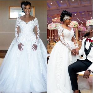 빈티지 아프리카 3D 꽃 레이스 웨딩 드레스 2023 환상 긴 소매 아플리케 신부 가운 예배당 기차 로브 드 마리에