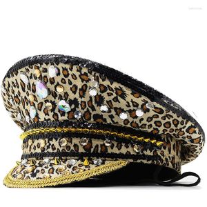 Berets High Quality Handmade Luxury Hat Leopard Rhinestone Captain Sergeant Women For Festival Birthday Party Military Cap Girls Lady