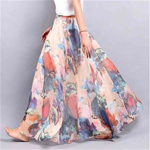 Elegant sommar bohemisk maxi kjol lång kjol chiffon saia strand hög midja tutu casual vestidos harajuku tryck kläder 210623311l