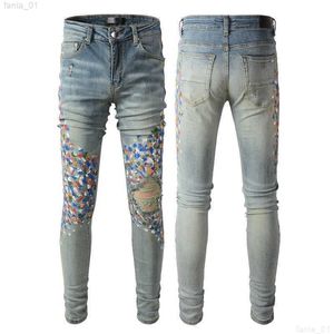 Designer herr mager rip denim jeans för man smal svart cyklist målar splatter jeans rak hiphop stretch orolig motorcykel lapp rock passar med hålbyxor 07