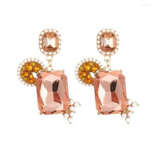 Dangle Küpeler İns Lüks Sparkly Rhinestone Meydanı Kadınlar için Bohemia Geometrik Pembe Kristal Kolye Damla Küpe Aksesuar