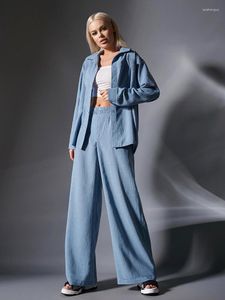 Kvinnors sömnkläder hiloc blå backless snörning hög midja lösa breda ben byxor pajamas set khaki full ärm chic mode kvinnor set 2023