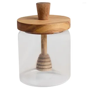 Conjuntos de louça de mel frasco de vidro claro frascos tampas de armazenamento haste de agitação recipiente de cozinha pequeno pote dispensador de madeira recipientes