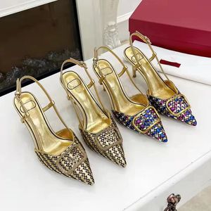 Brand Sandals Women's High Heels Sparkling noble hollow sexy party shoes Wear resistant comfortable heel 7.5cm