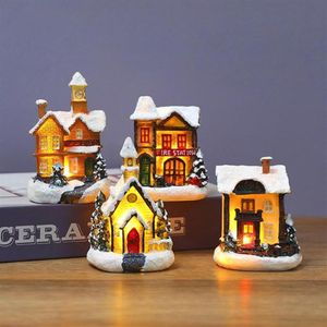 Christmas Decorations Resin House LED Lights Xmas Scene Village Miniature Decoration Ornament Year 2022 Noel Gifts240N